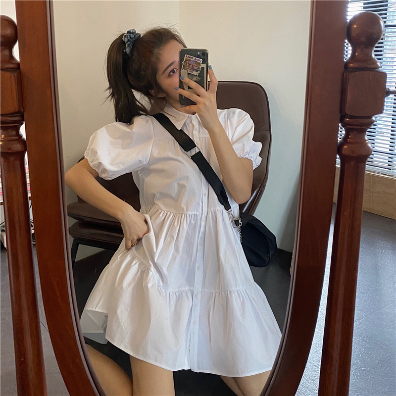 Real price ~ Korean retro French bubble sleeve white shirt dress