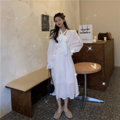 Real price ~ French small fresh long sleeve dress bow V-neck waist slim dress