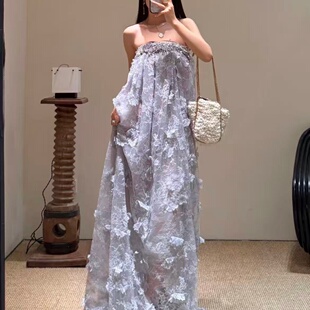 立体蝴蝶结亮片抹胸蕾丝连衣裙女露背露肩沙滩裙子 新品