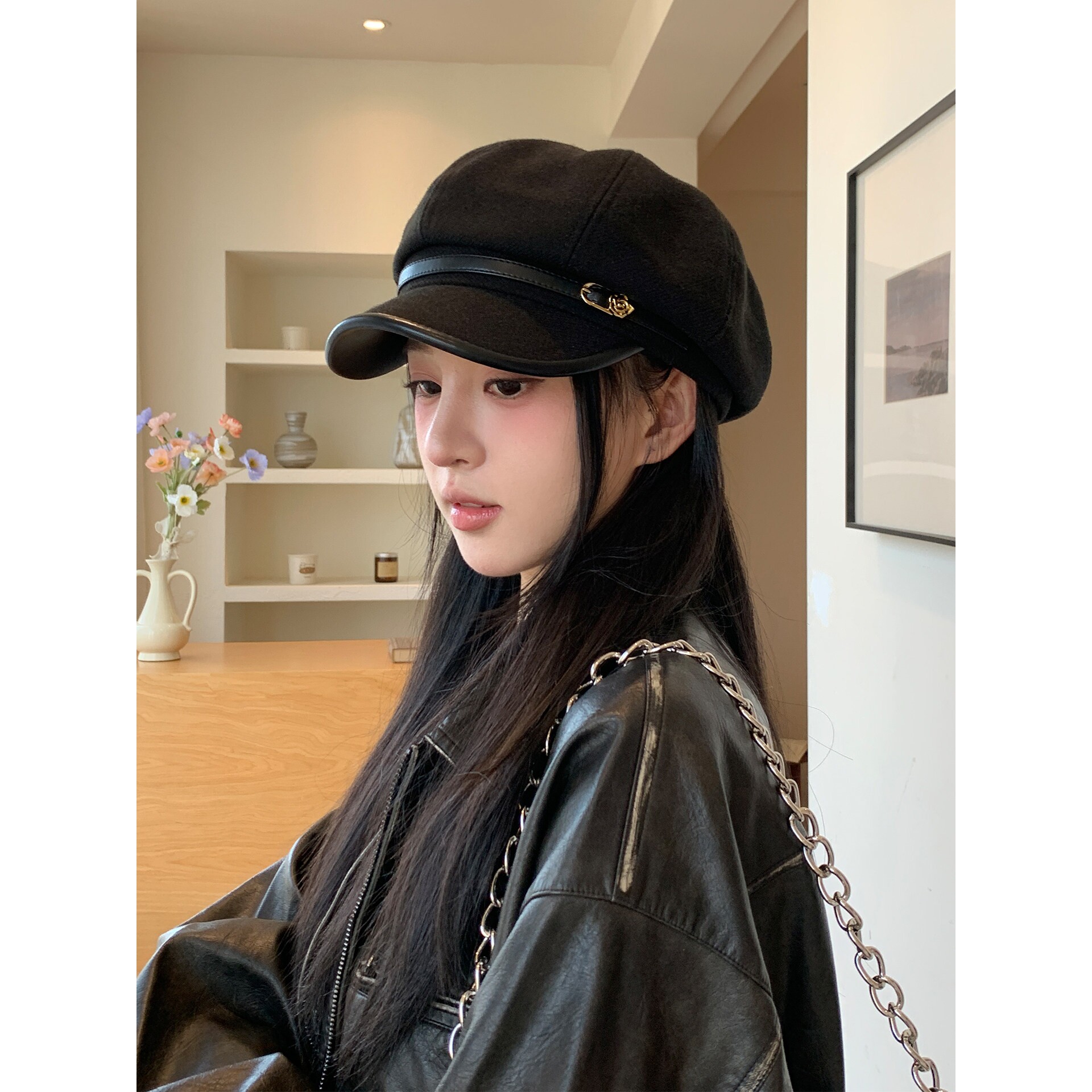 日系复古文艺风黑色鸭舌贝雷帽女休闲百搭气质显脸小八角云朵帽子