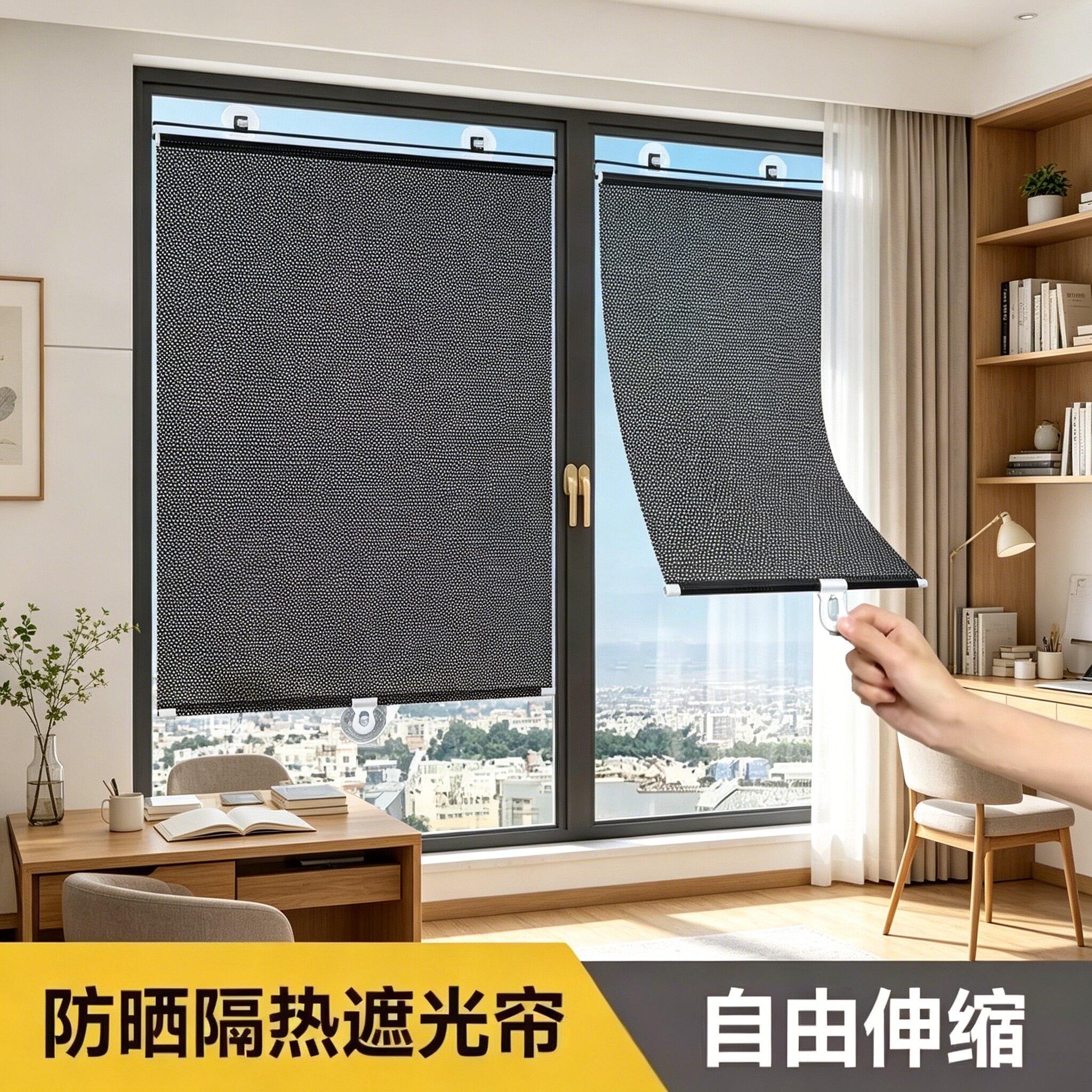 阳台窗帘免打孔卷帘半自动上升伸缩家用阳光房防水回弹遮光帘遮阳