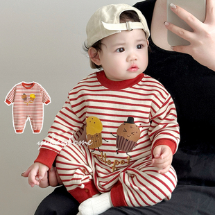 宝宝外出衣服春秋条纹印花纯棉a类休闲洋气爬服婴幼儿卫衣连体衣