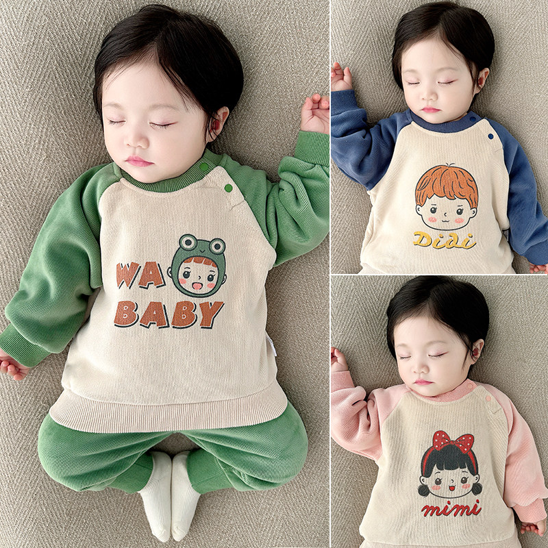 宝宝卫衣套装秋冬保暖加厚休闲上衣裤子两件套婴儿加绒分体套装