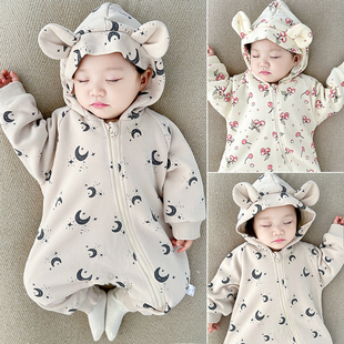 婴儿秋冬外出衣服秋冬加绒韩系洋气拉链爬服哈衣宝宝连体衣冬装