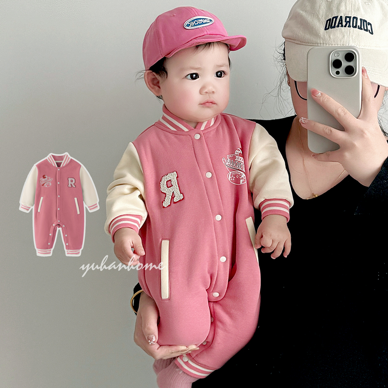 开襟棒球服连体衣字母绣花抓绒布