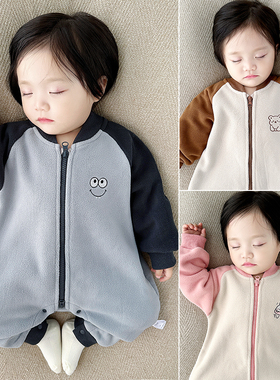 婴儿秋冬装保暖抱服摇粒绒加绒拉链简约加厚爬服宝宝外出连体衣