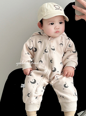 婴儿连体衣春秋拉链ins风简约连帽爬服哈衣可贴身宝宝外穿衣服