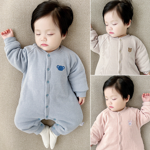 婴儿夹棉冬装保暖居家纯棉a类贴身爬服哈衣新生儿宝宝连体衣秋冬