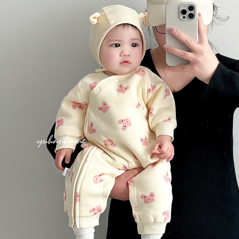 宝宝早春连体衣抓绒开襟卫衣韩系卡通可爱简约婴幼儿爬服哈衣春秋