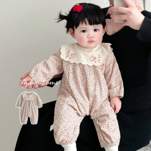 婴儿女春装豹纹灯芯绒绣花韩系洋气外出服长袖薄款宝宝连体衣春秋
