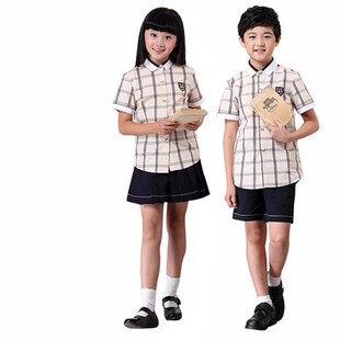 南宁南宁小学生礼服新希望校服短袖套装上衣格子衬衫男短袖裤两件
