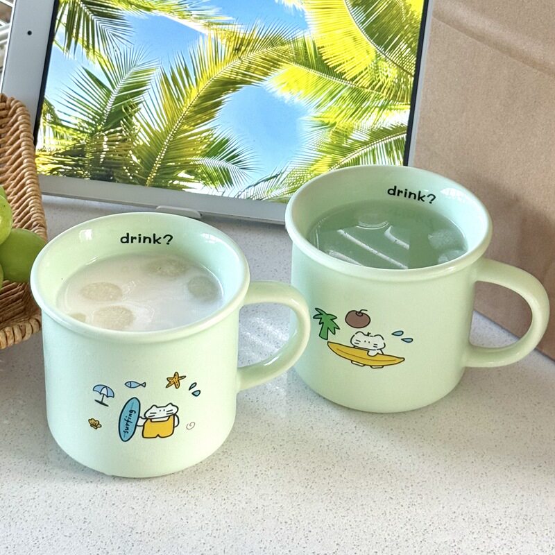 自制ins冲浪猫马克杯生日礼物女生高颜值海岛风薄荷奶绿陶瓷杯子