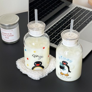 鹿姆比 小红书同款pingu企鹅玻璃吸管杯带盖便携随手杯可爱水杯子