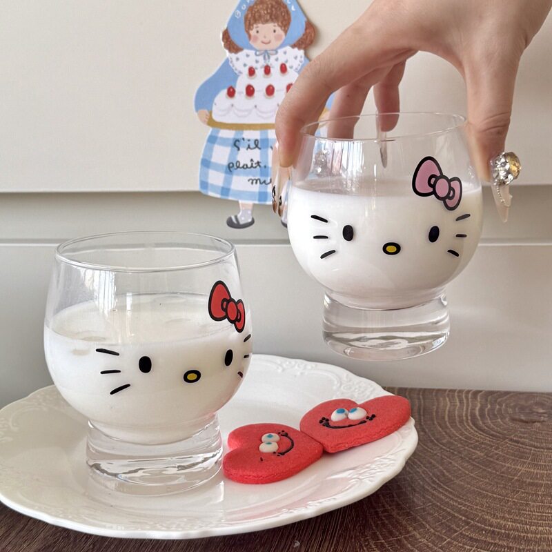 卡通可爱kt猫玻璃水杯女生杯子高颜值hellokitty玻璃杯喝水杯子