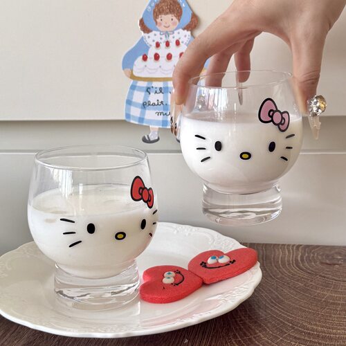 卡通可爱kt猫玻璃水杯女生杯子高颜值hellokitty玻璃杯喝水杯子