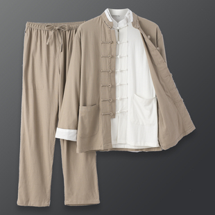 高档唐装男春秋款中国风中式服装弹力棉麻三件套古风秋季套装男生