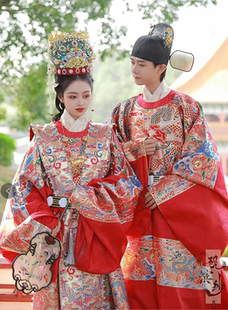 【出租】砚滨纱明制花嫁婚服圆领袍汉服男款女款金玉良缘凤冠霞帔