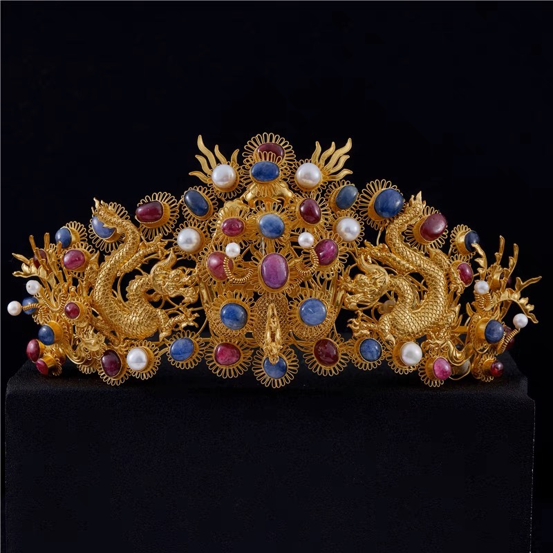 【出租】万宝德花丝镶嵌纯银双龙冠宫廷复古汉服头饰新娘大婚凤冠