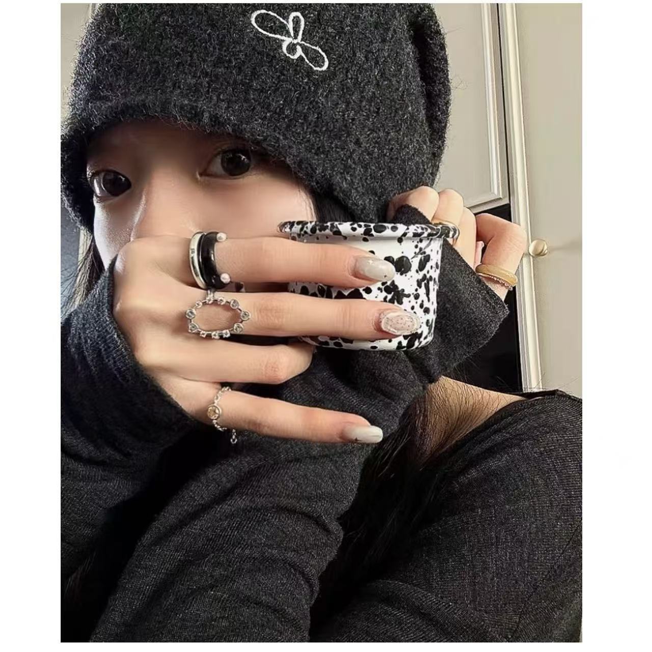 秋冬纯色卷边韩系刺绣小标百搭羊毛混纺堆堆帽显脸小保暖毛线帽