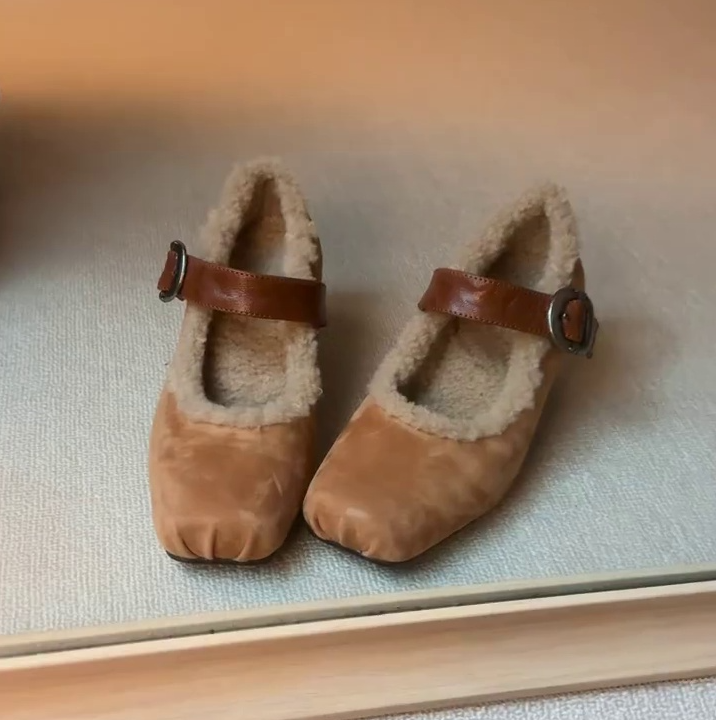 法式方头冬季玛丽珍鞋5.5cm内增高猪鼻精致加绒保暖浅口毛毛鞋