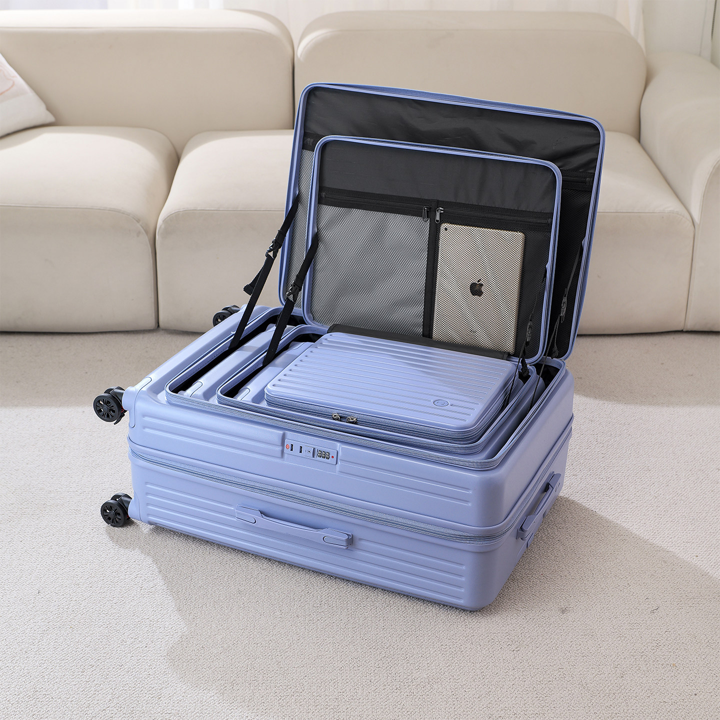 侧开盖可扩展TSA锁拉杆箱