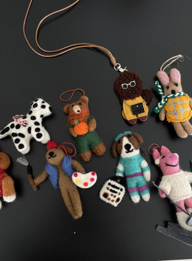 尼泊尔手工羊毛毡项链小众时髦可爱小熊小猪挂件长款毛衣链