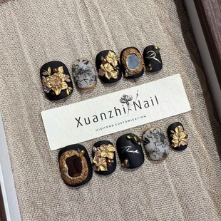 纯手工定制穿戴甲 复古秋冬镜子黑金雕花短款 中古浮雕