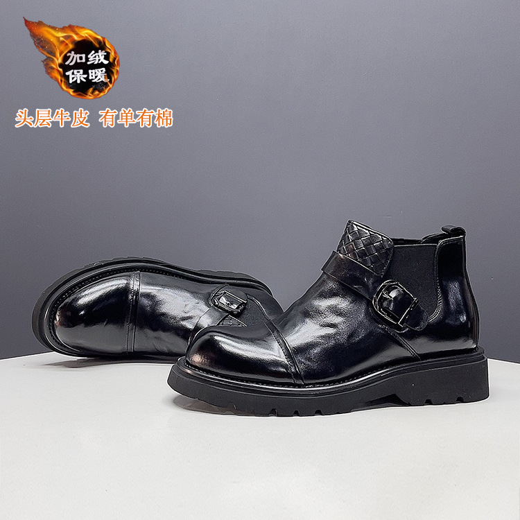 欧洲站男鞋冬季加绒英伦皮鞋高帮男士靴短靴子真皮头层牛皮切尔西