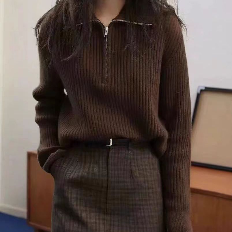 京绒羊2025秋冬半拉链100%纯羊毛衫女士宽松显瘦毛衣气质打底上衣