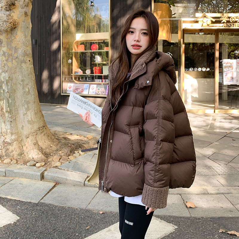 美拉德咖色连帽羽绒棉服女冬超火好看高级感加厚短款棉衣棉袄外套图片