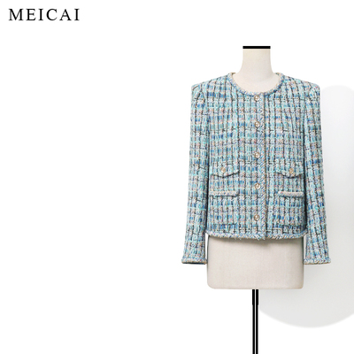 美裁“手工坊秀款”蓝千金法式复古金丝珠边香风花呢短外套
