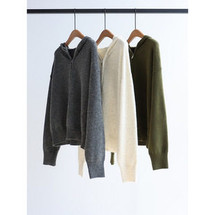 宽松休闲慵懒毛衣连帽秋冬新款长袖针织衫小驼绒套头拉链上衣女装