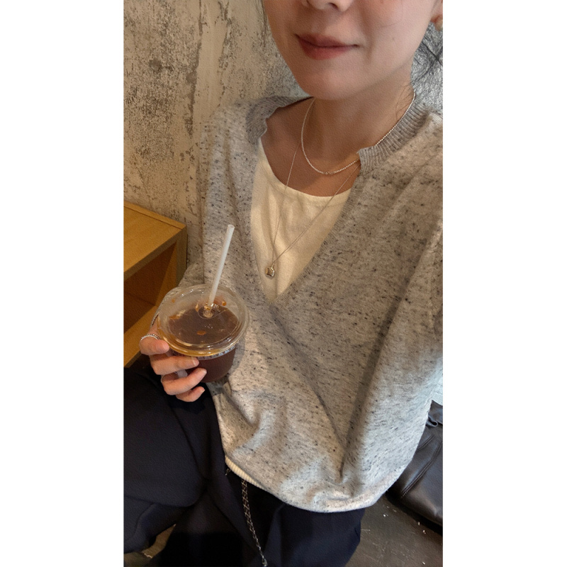薄款假两件纱线混纺长袖套头针织衫女秋季新款宽松显瘦设计感上衣