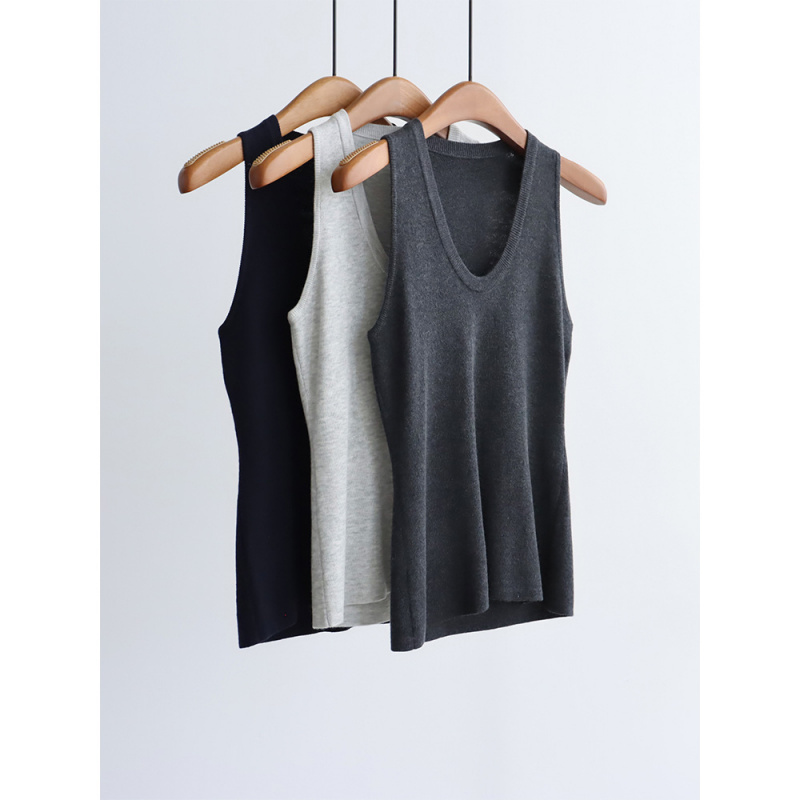 基础U领羊毛混纺针织衫背心纯色