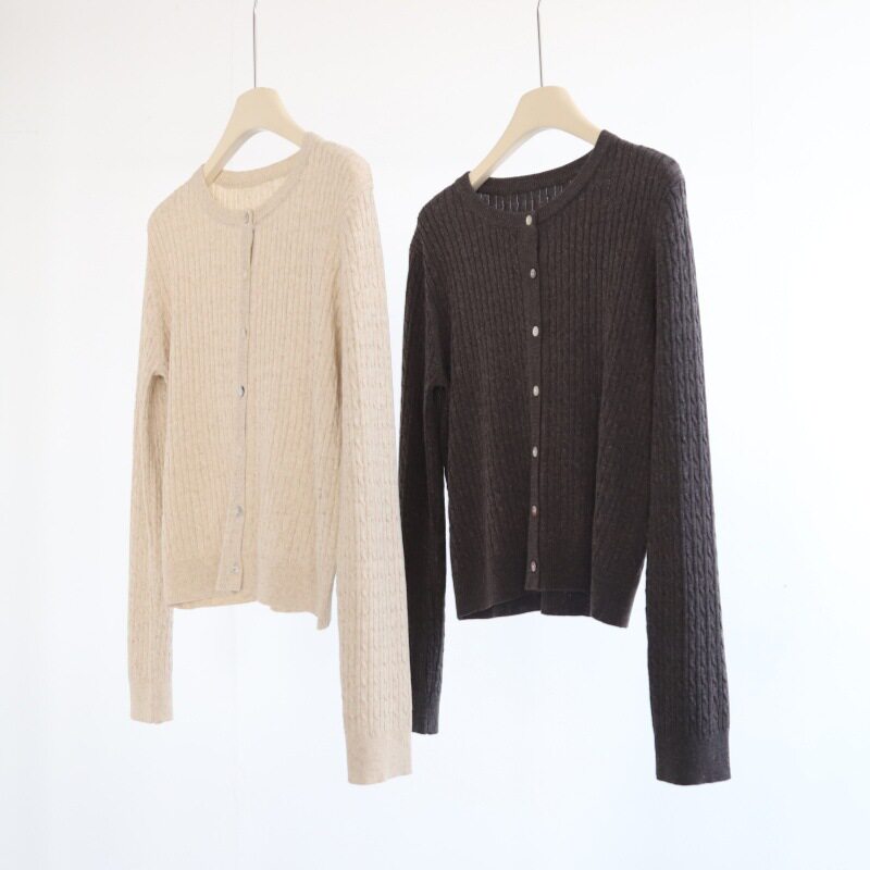 麻花贝壳扣长袖针织开衫女春季新款天丝亚麻复古绞麻花休闲外套