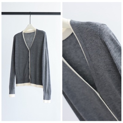 时髦拼色双层门襟V领针织衫开衫