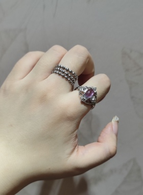 2025新品亮银镂空花朵紫水晶纯天然钛钢托指环开口可调节戒指饰品