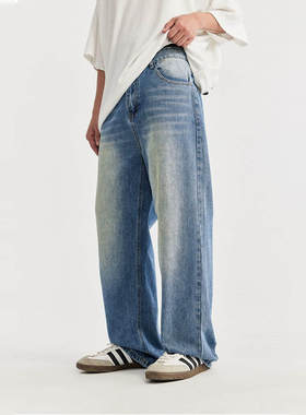 国潮奔二设计复古水洗直筒牛仔裤男款cleanfit宽松阔腿休闲长裤