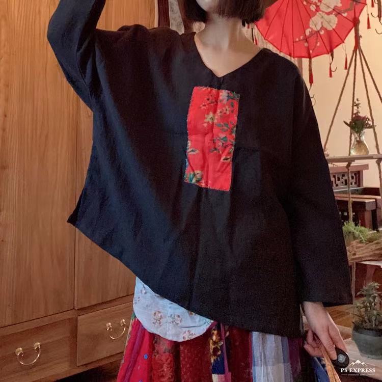 2021春款原创舒适复古亚麻V领衬衫女民族风贴布手工针迹宽松小衫