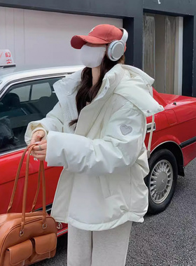 TX冬季新款2025韩版灰色爱心短款羽绒棉服学生大码棉衣女情侣面包