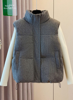 TX新款灰色毛呢高级感显瘦加厚羽绒棉马甲2025秋季时尚穿搭外穿背