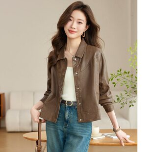 美拉德皮衣外套女2025春秋新款女港式复古机车棕色美式皮夹克短款