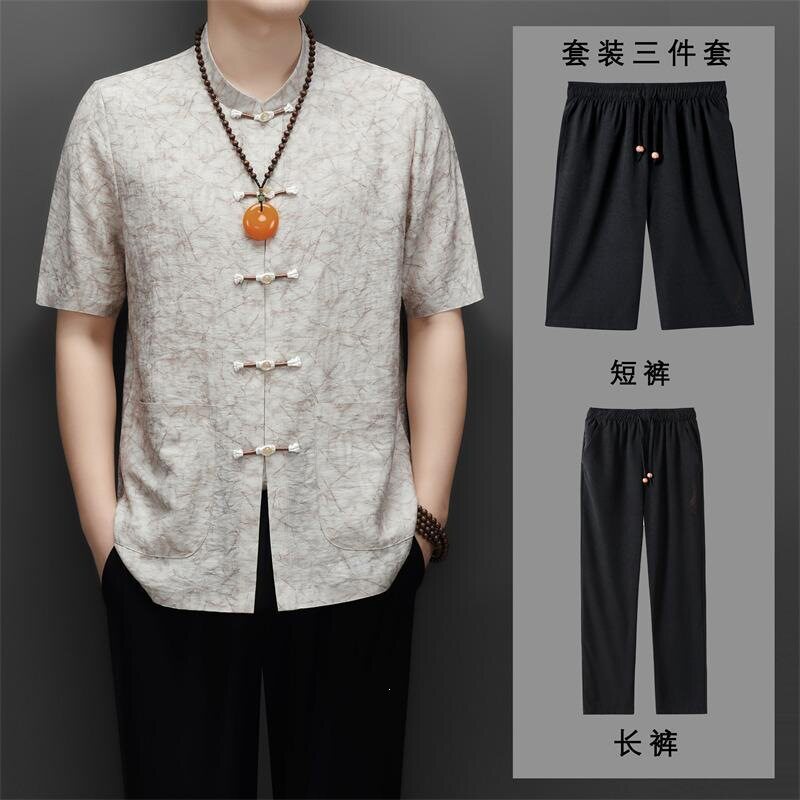2026夏唐装三件套男中老年爸爸短袖套装中国风老人衣服80岁爷爷装