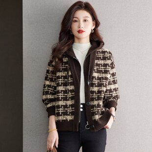 假两件连帽毛衣外套女春秋2025新带帽拉链针织开衫女加厚外搭上衣