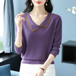 针织衫长袖黑色上衣秋装女款2025年新款妈妈宽松翻领毛衣打底衫