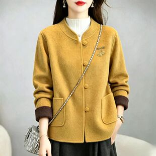 2026秋季新款刺绣毛呢外套女短款盘扣翻袖双面呢中国风时尚洋气