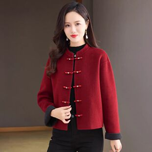中式妈妈2026双面新款大衣春季毛呢婆婆国风红色短款羊毛外套