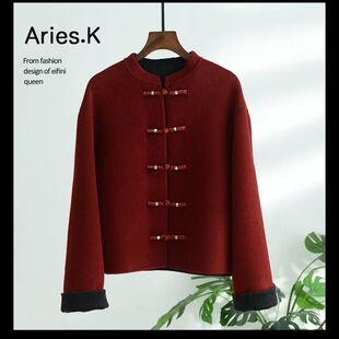 双面羊毛大衣女短款2026春季新款新中式盘扣羊毛呢减龄妈妈外套