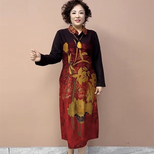 中老年春秋连衣裙女气质阔太太长袖上衣洋气妈妈过膝减龄裙子印花