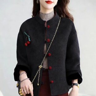 高级感红色气质短款毛呢外套女2025秋冬新款盘扣显瘦双面羊毛大衣